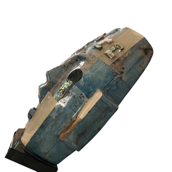 Vintage Mayan‎ Turquoise & Abalone Mosaic Death Mask On Black Stone Base - Picture 5 of 15